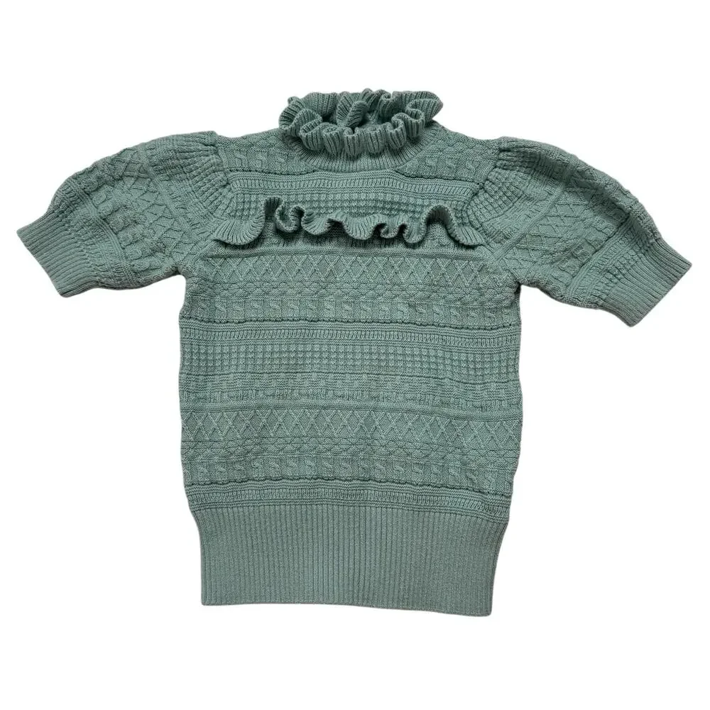 JANIE & JACK Heights Ruffle Puff Sleeve High Neck Sweater Aquifer Blue Size 3